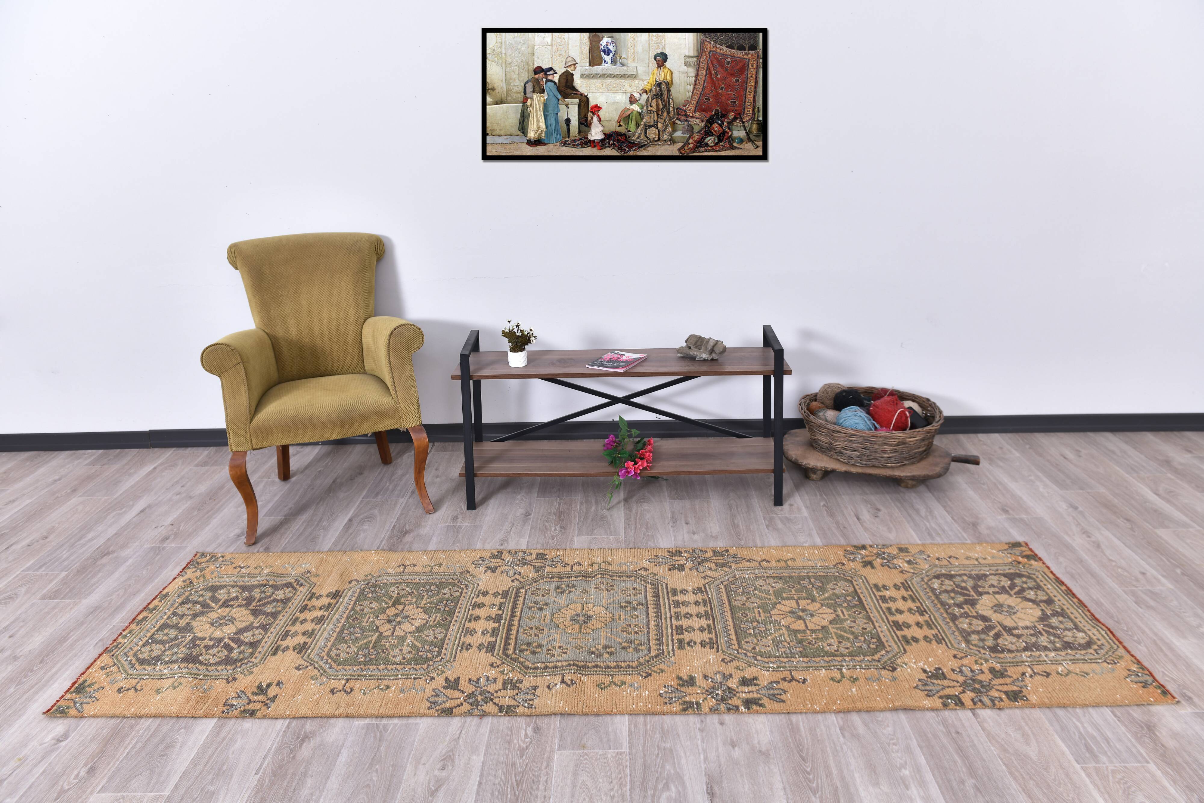 3x9 Mustard Light Blue Turkish Runner Rug 79x280Cm