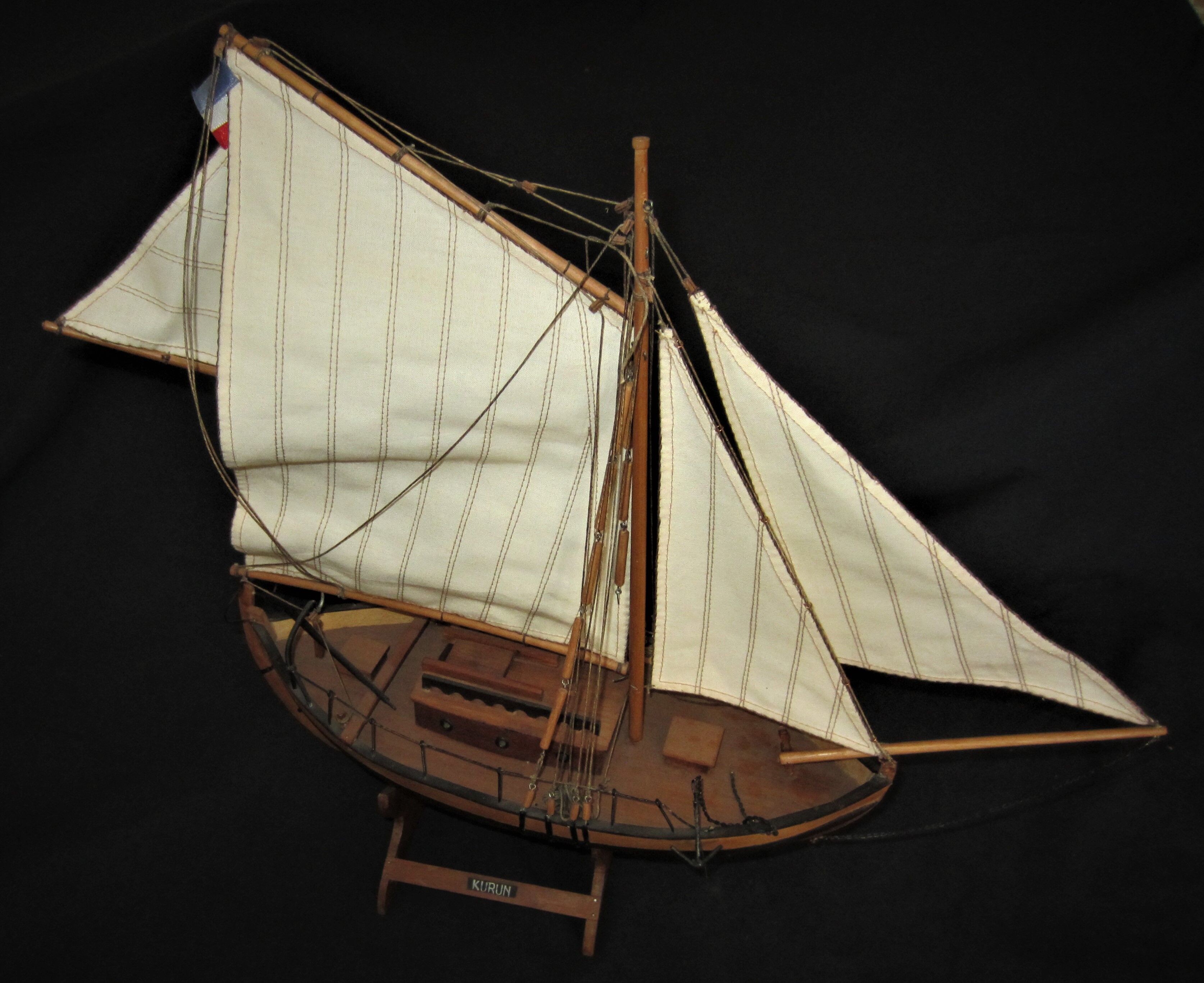 Wooden model of JY Toumelin's Kurun sailboat in Calais