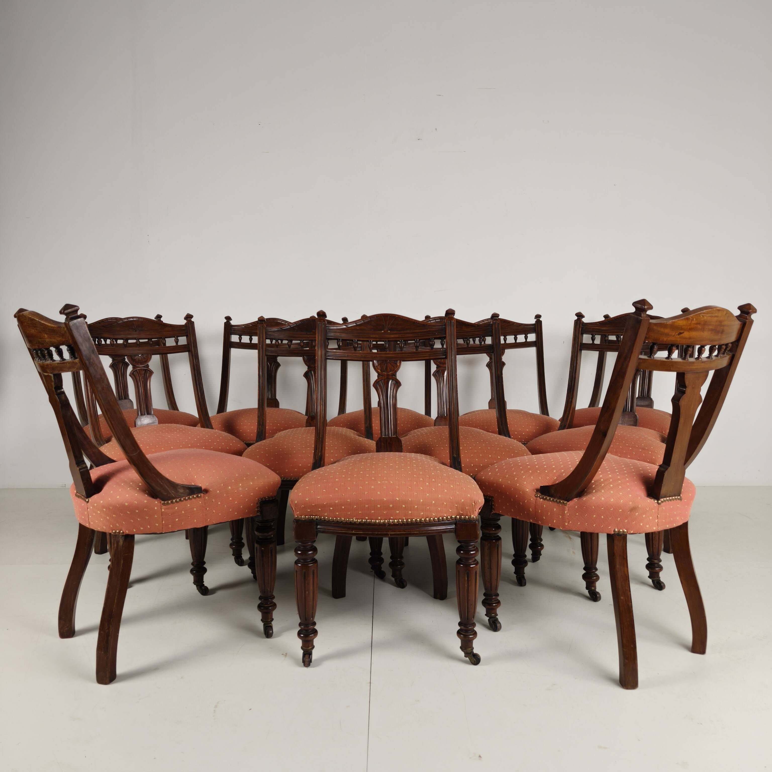 Set of 12 Late Victorian Walnut Dining Chairs with Original Castors