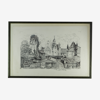 Original drawing of Nantes, rue des Cordeliers et du Refuge - ink on paper - 1987