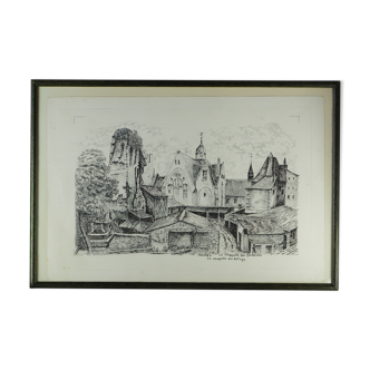 Dessin original de Nantes rue des Cordeliers et du Refuge - encre sur papier - 1987