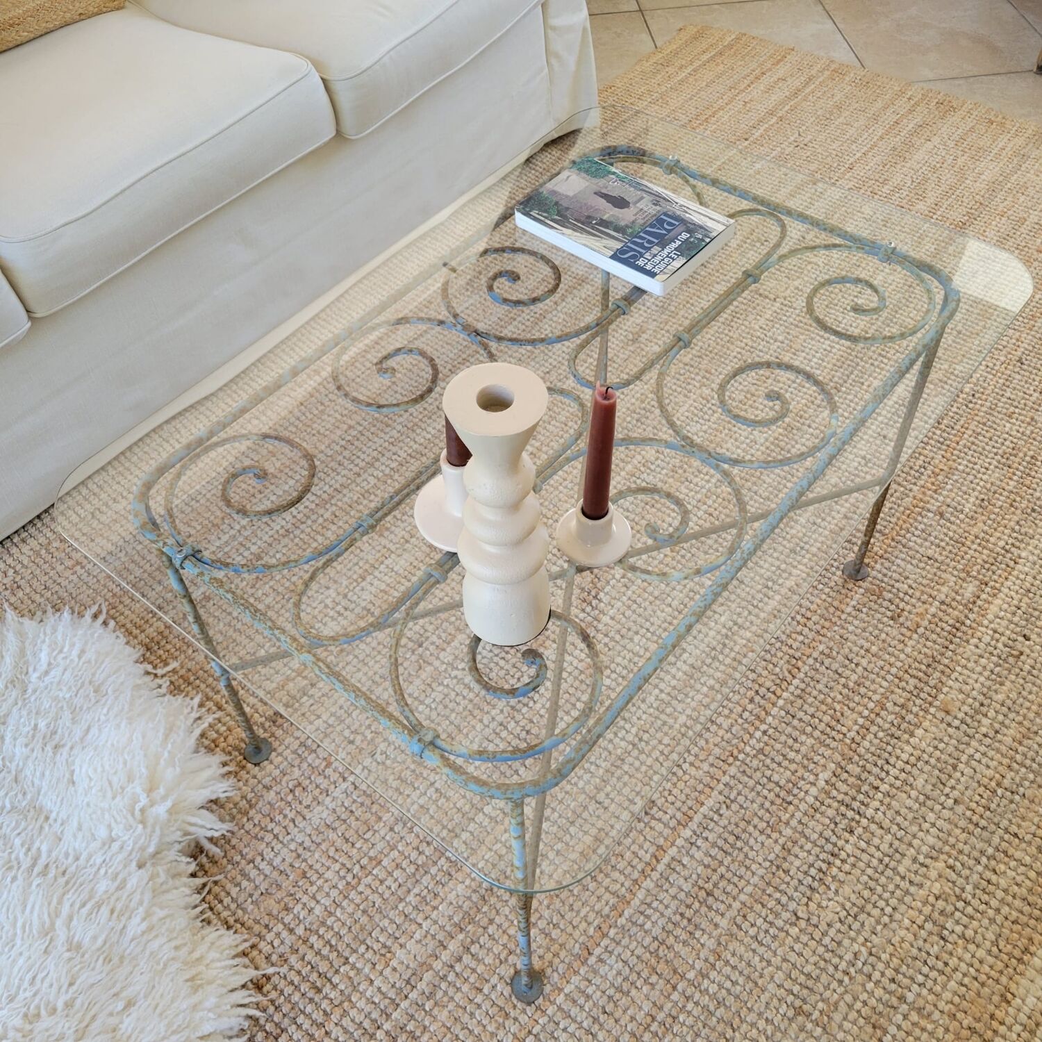 Wrought iron and glass coffee table