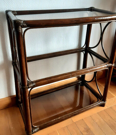 Rattan bookcase and smoked glass 1960