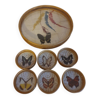 Vintage 70's butterflies bamboo rattan tray and coaster set