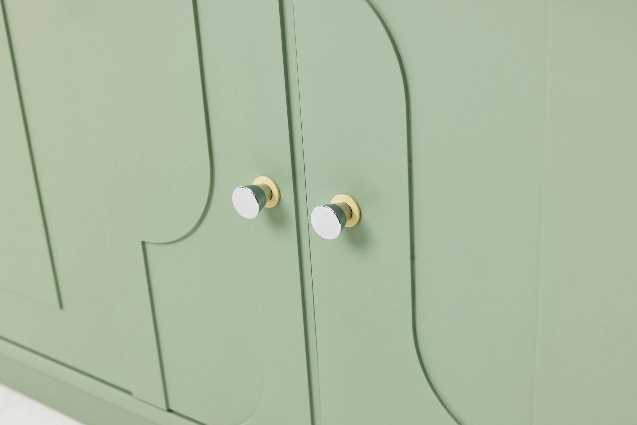 1970s Vintage Sideboard, Pastel Green, Relief, High-Gloss Finish, Chrome