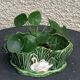 Pot cover in ceramic slurry glazed green pattern foliage and swan made in england numbered