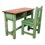 Antique Burmese teak school desk/chair set with original green patina