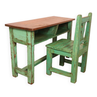 Antique Burmese teak school desk/chair set with original green patina