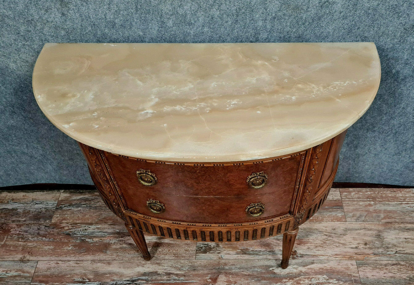Commode sauteuse Louis XVI Demie lune en loupe d'orme et noyer vers 1900