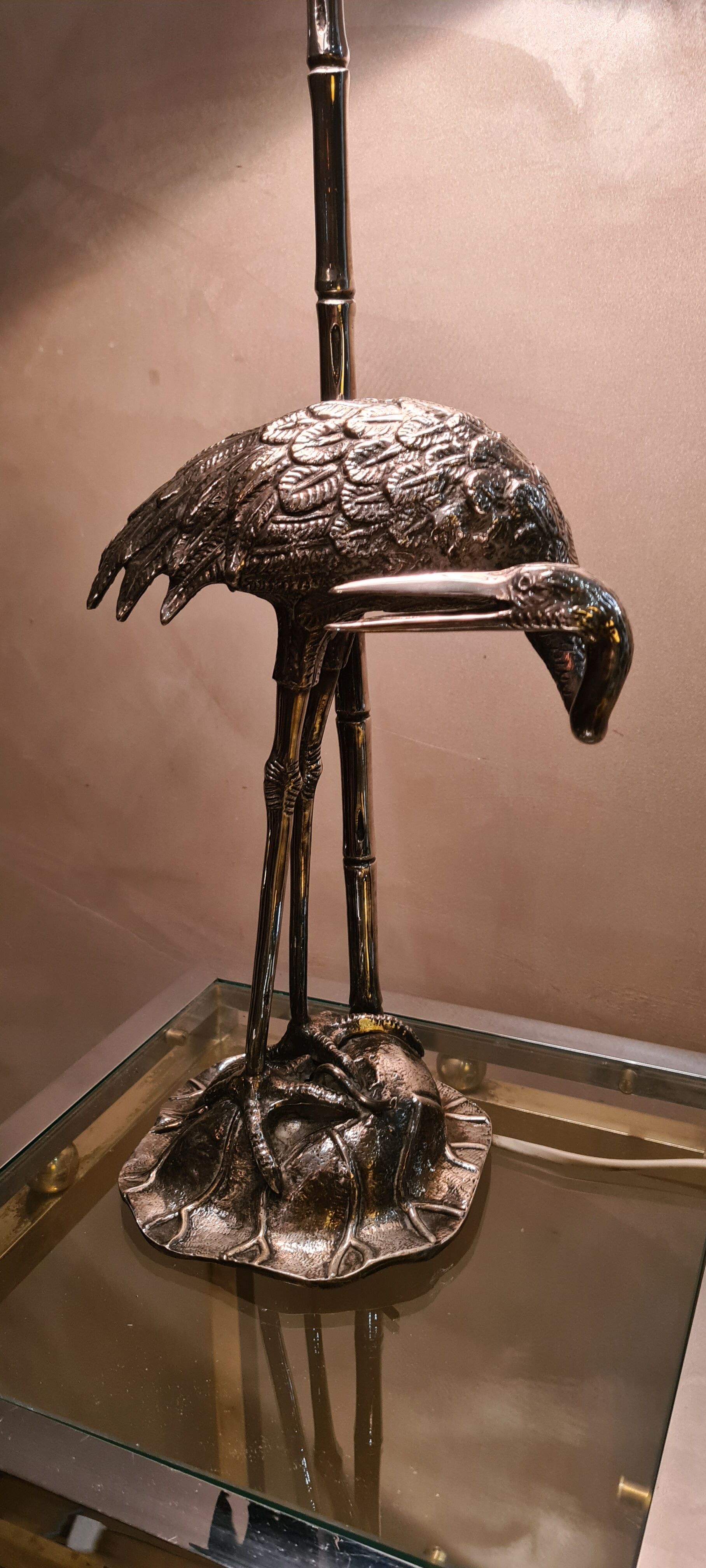 silver metal lamp, heron, wader, bamboo
