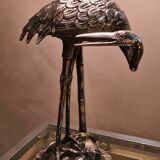 silver metal lamp, heron, wader, bamboo