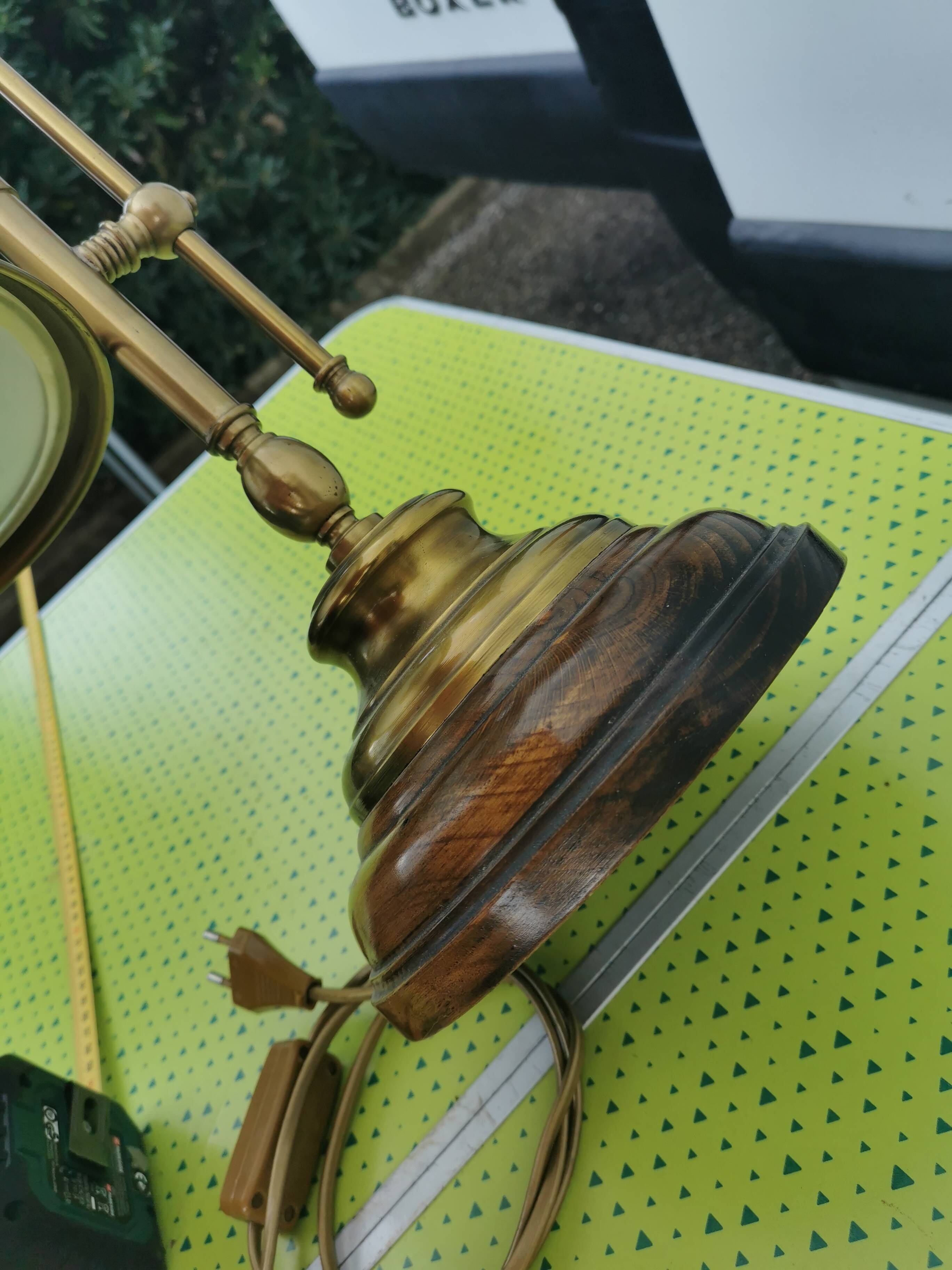 Lampe Italienne 45cm vintage bois, laiton et verre