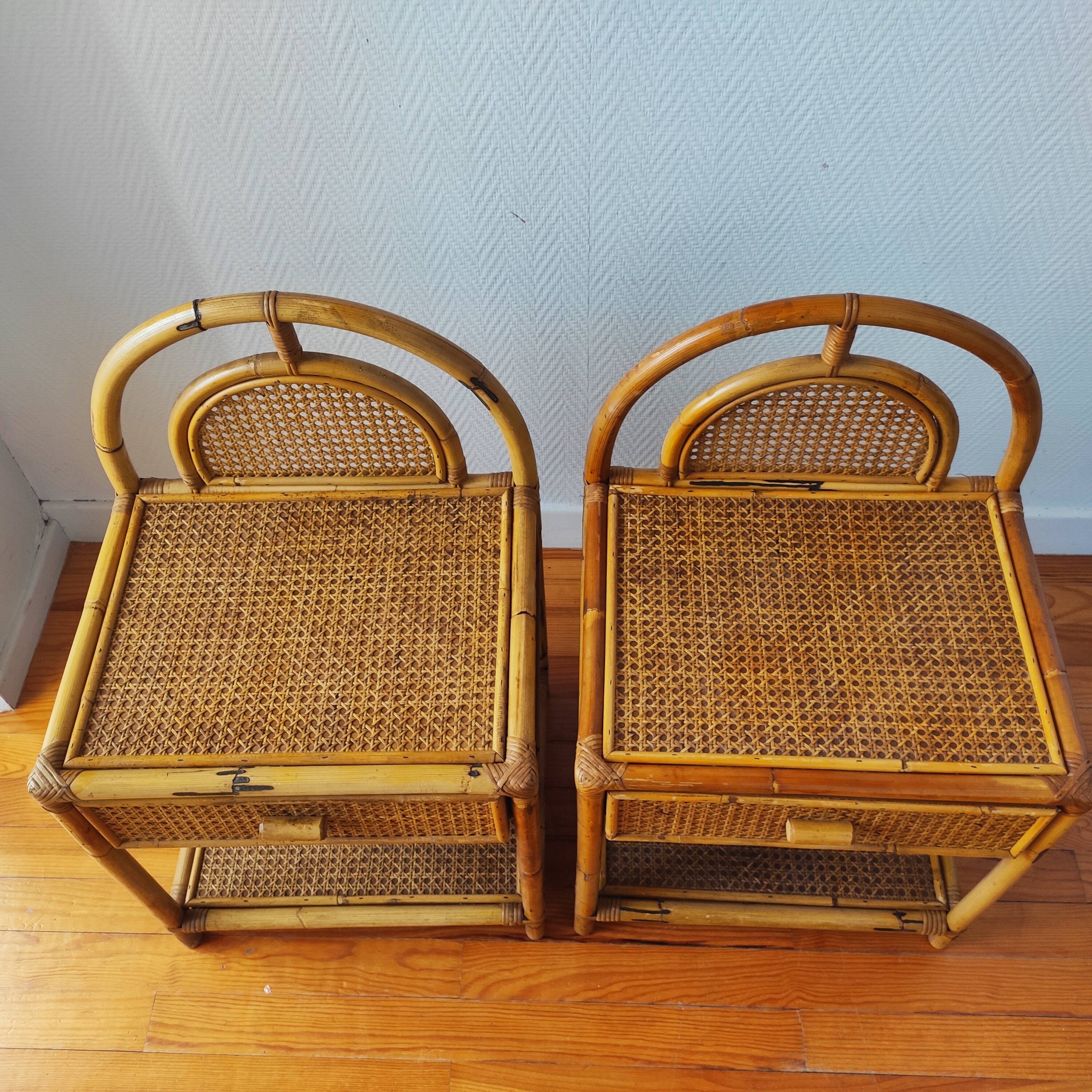Pair of cane and rattan bedside tables Italy 1970