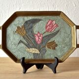 Small vintage brass tray with cloisonné enamel floral decoration - 1960.