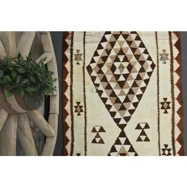 1970s Vintage Turkish Hand-Knotted Wool Cotton Beige Runner Rug 92x355
