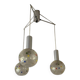 Vintage multicoloured glass sphere ceiling light with red dots and metal structure.
