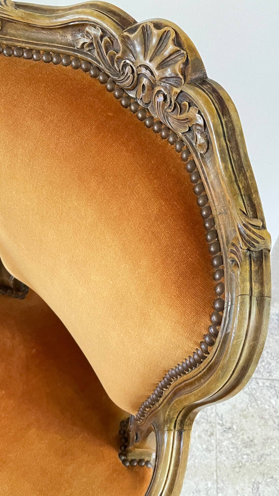 Vintage French Curry Velvet Cabriolet Armchair
