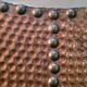 Mirror 1970 frame copper plate hammer and studded on wood 62x62 glass 45x45