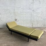 Day Bed sofa in skai, mottled green fabric and black metal 1950
