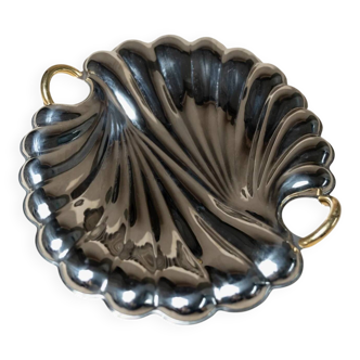 Silver Polished Stainless Steel Shell-Shaped Tray with Gold-Tone Handles, Becchetti Italy 1980s