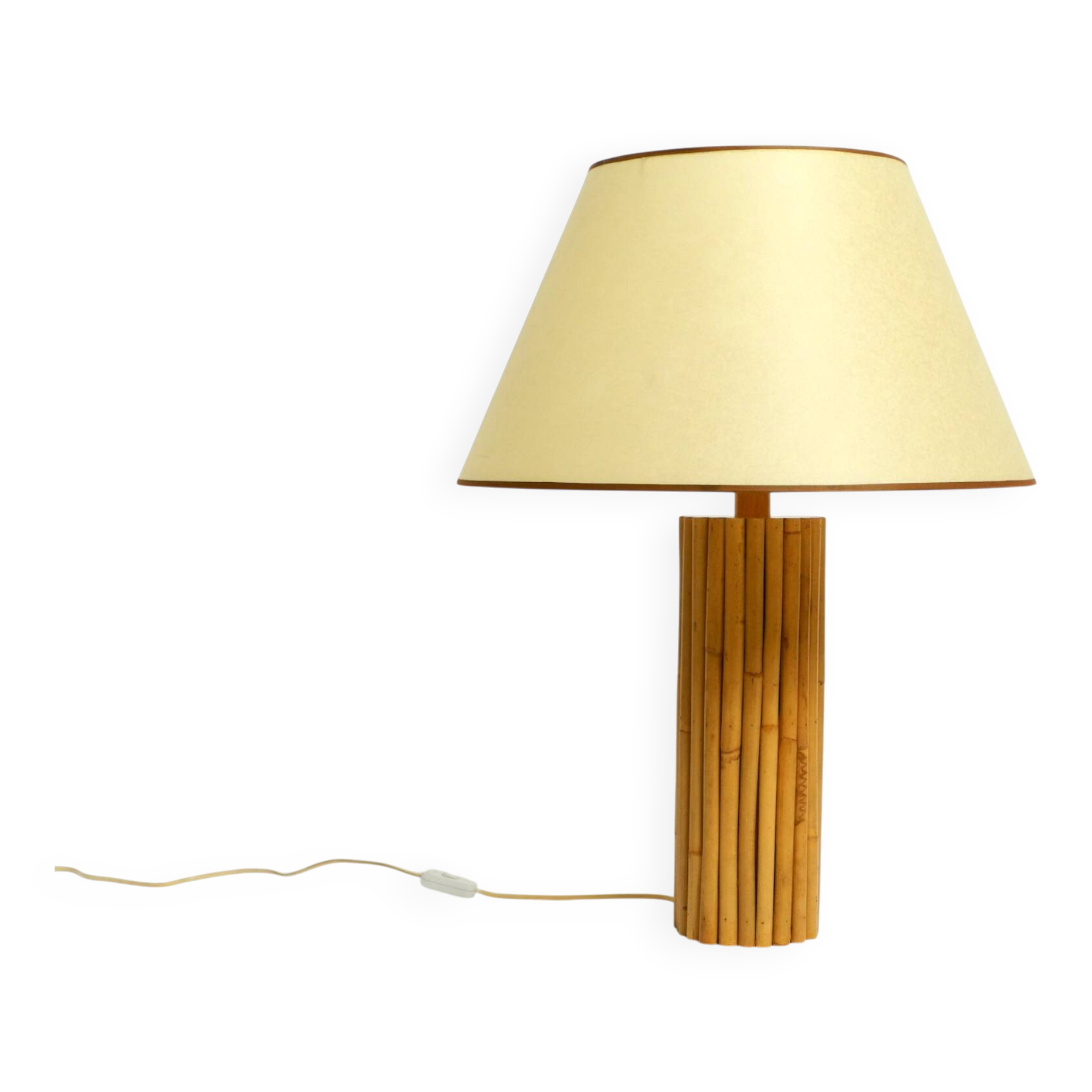 Large 1970s Italian bamboo table lamp with large oiled paper shad