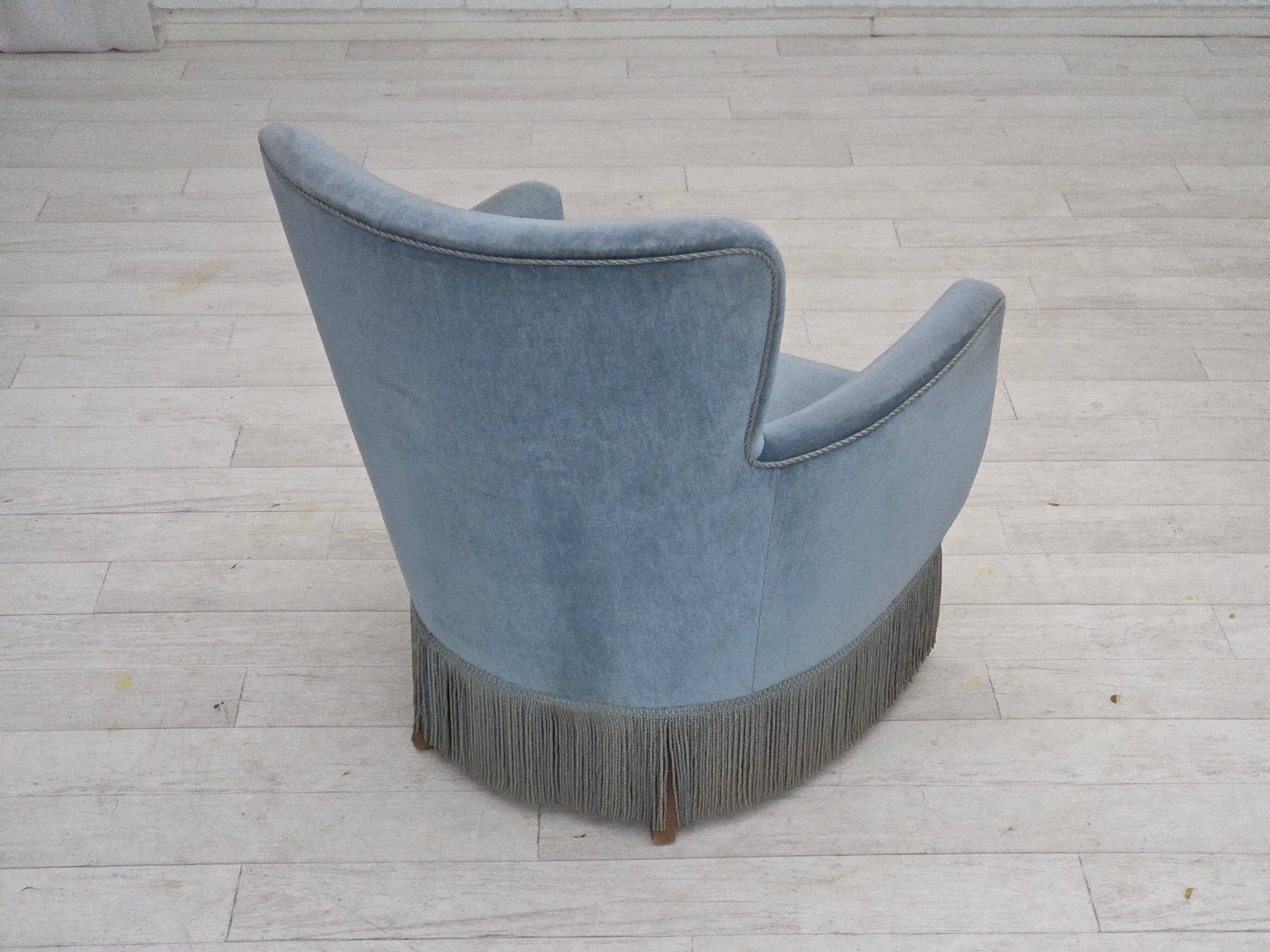 1970s, Danish armchair with footstool, blue furniture velour, oak wood legs