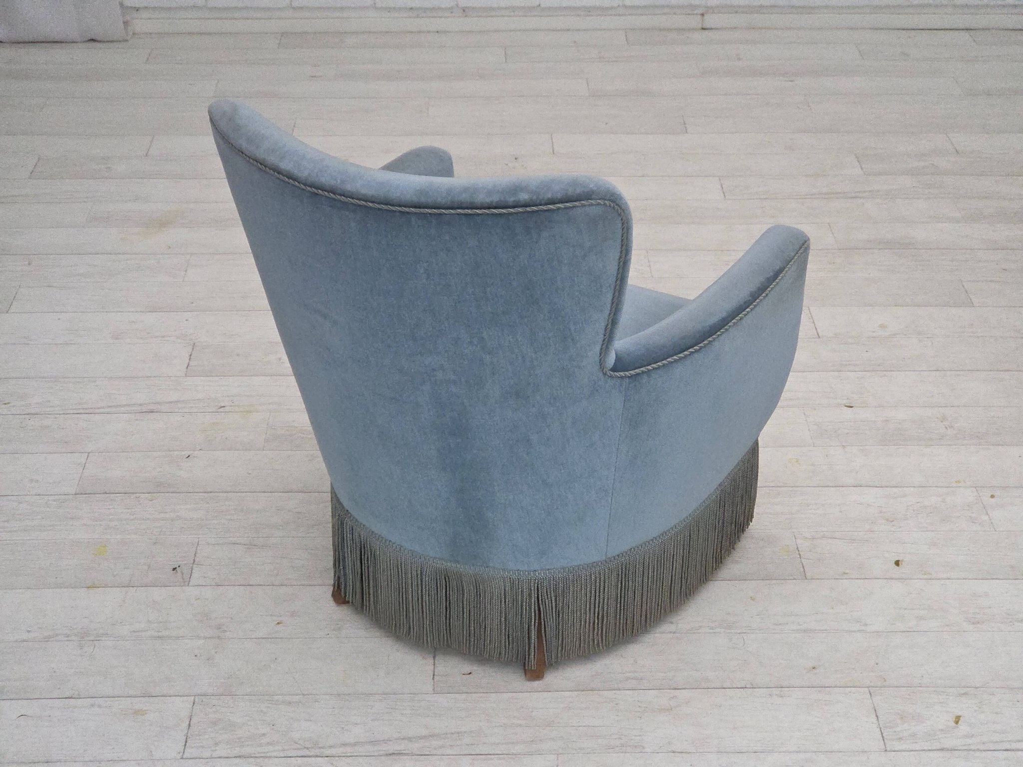 1970s, Danish armchair with footstool, blue furniture velour, oak wood legs