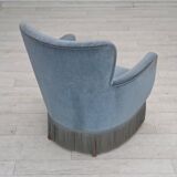 1970s, Danish armchair with footstool, blue furniture velour, oak wood legs