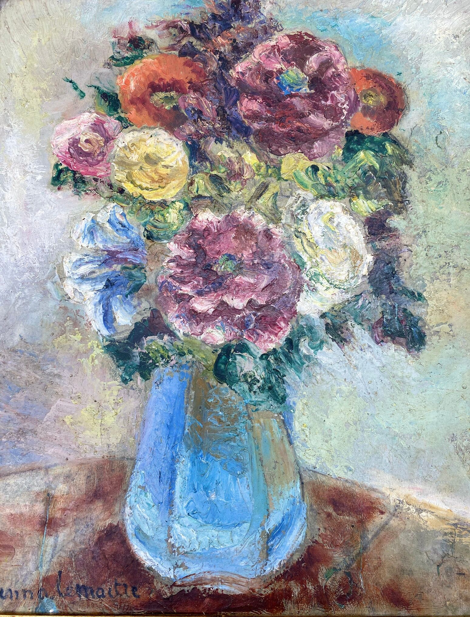 Antique painting, flowers in a vase