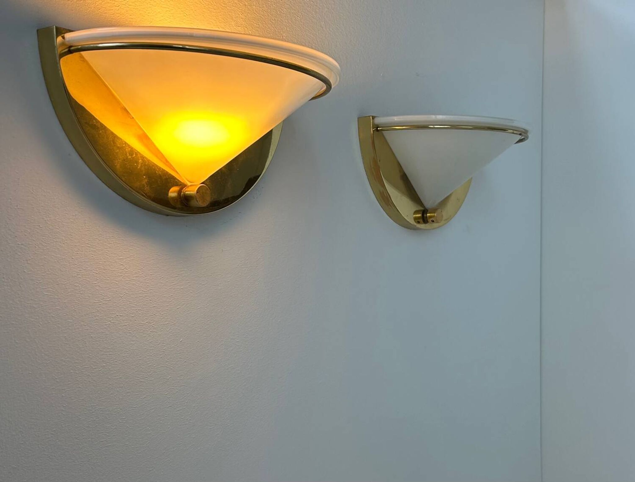 Pair of vintage wall lights, brass and opaline glass, Italy 1970
