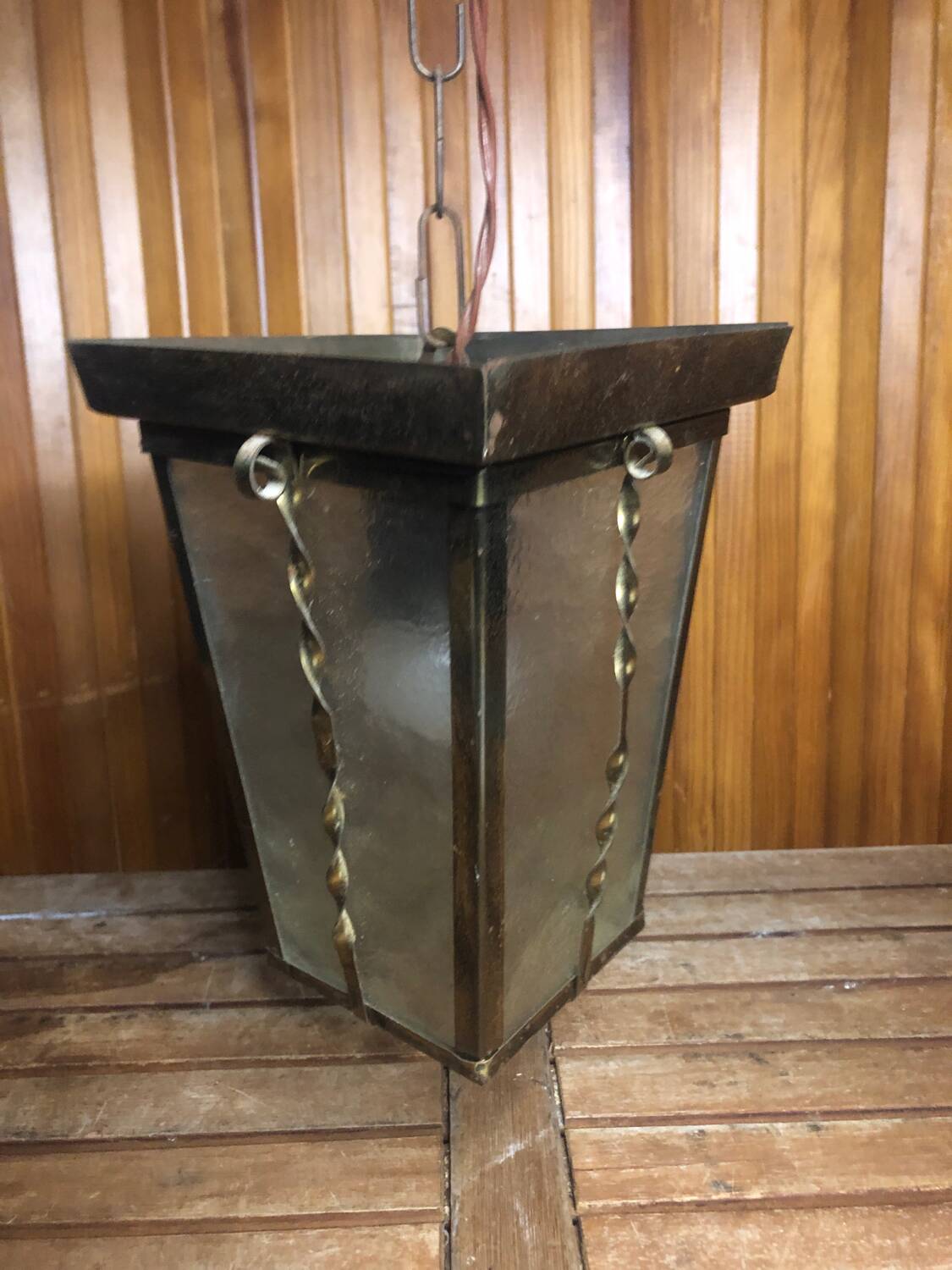 Old brass lantern pendant lamp + vintage glass plate #a592