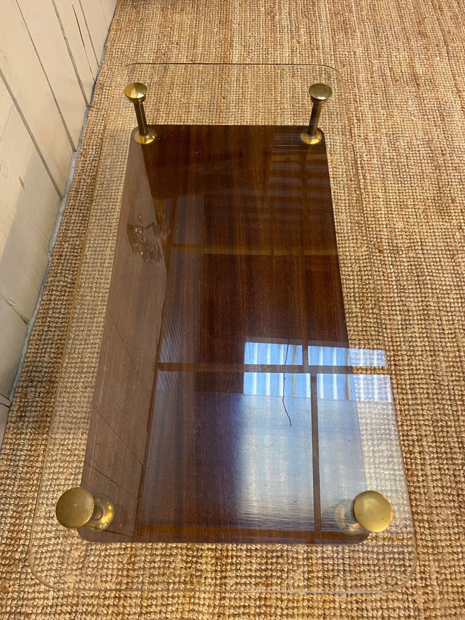 Coffee table of the 60s in glass, glass and wood top