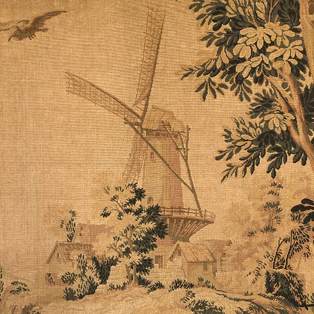 Tapestry decorated with waders, waterfront and greenery