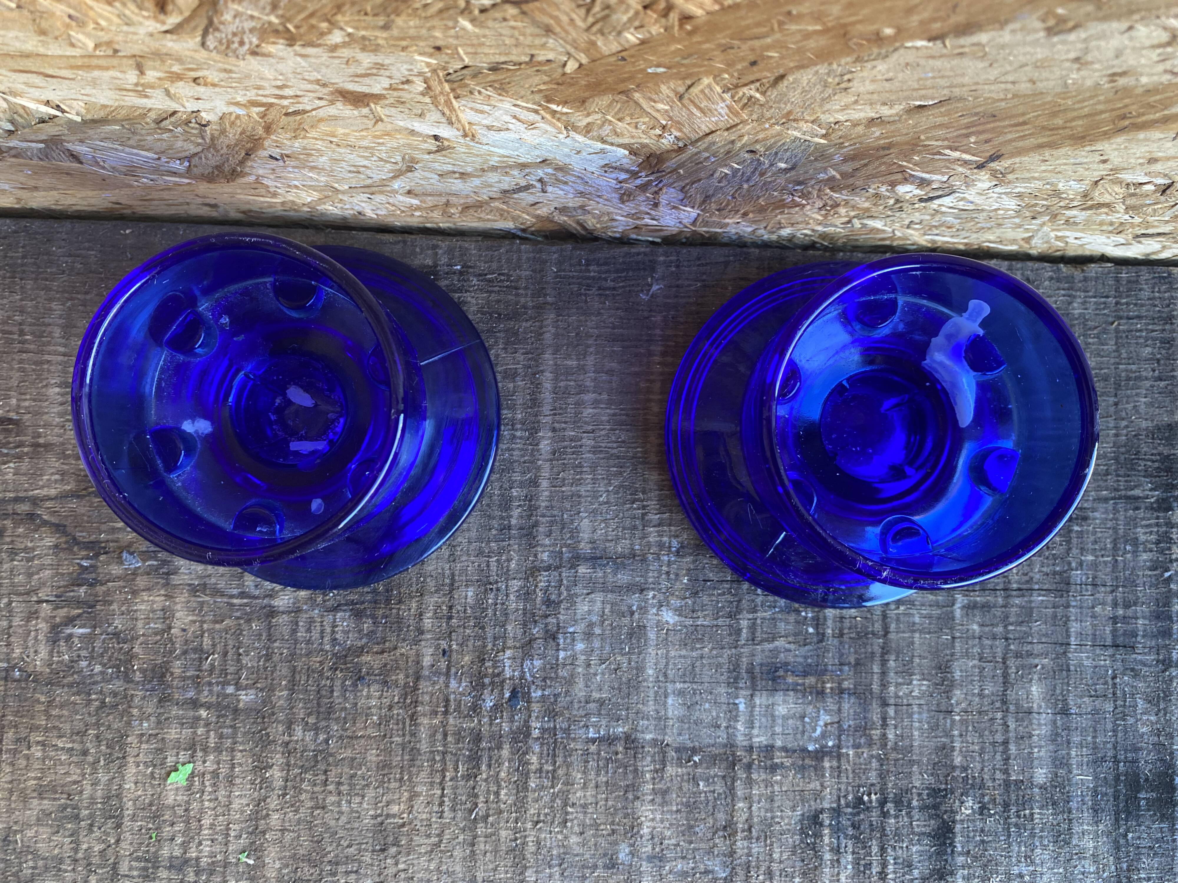 Pair of Vintage Cobalt Blue Moulded Glass Candle Holders #D991
