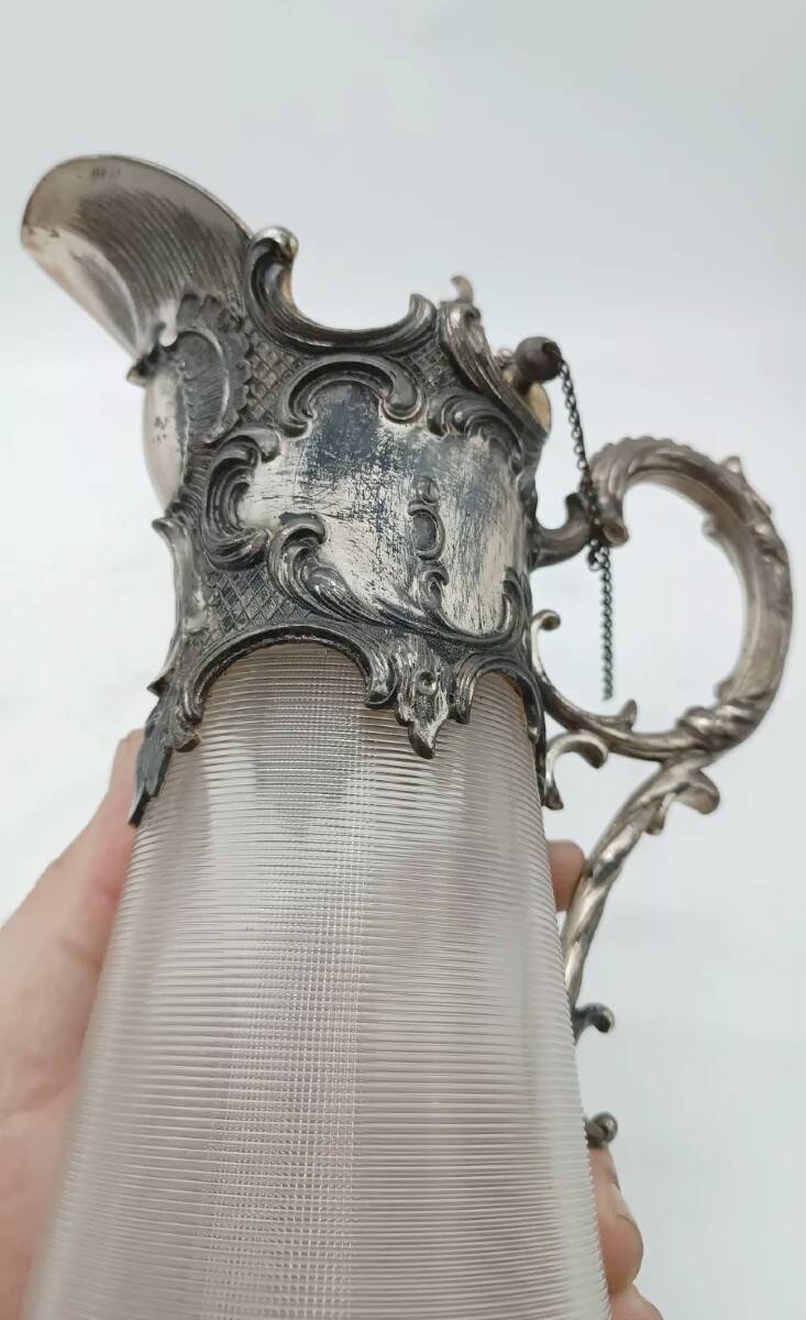 Tray with carafe and 6 glasses, glass and silver-plated metal, Art Nouveau period