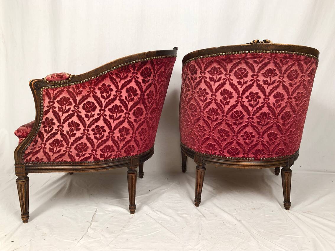 Pair of Transition period armchairs, trimmed with burgundy velvet