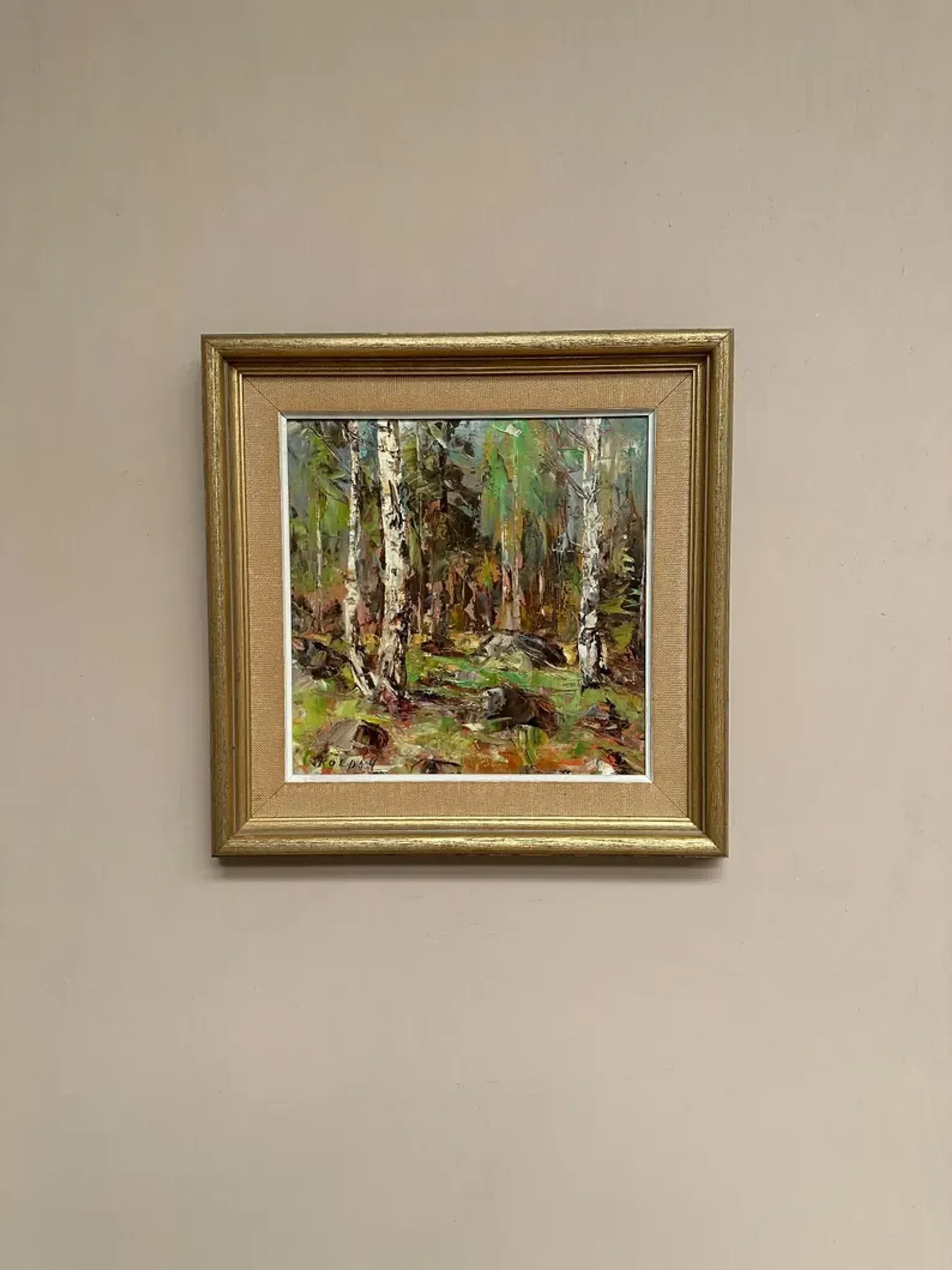 Original Swedish Oil on Canvas – “Birch Forest” by John Sköld – Signed – Dated 1954 – Framed – 40 × 40 cm