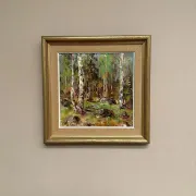 Original Swedish Oil on Canvas – “Birch Forest” by John Sköld – Signed – Dated 1954 – Framed – 40 × 40 cm