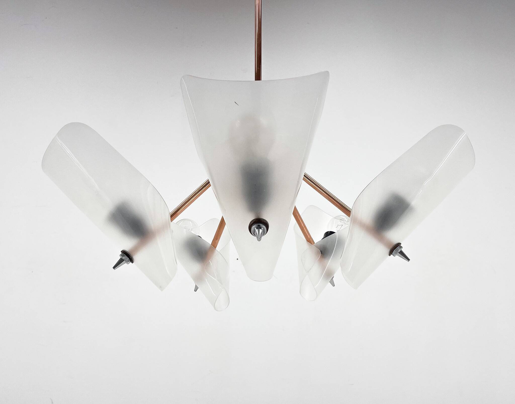 Mid-century chrome, copper & plastic chandelier by drukov, 1970s / 2 pieces avl