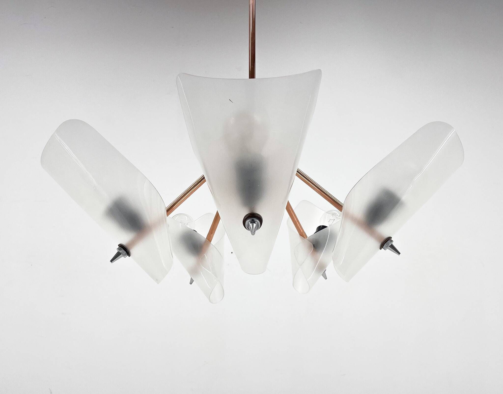 Mid-century chrome, copper & plastic chandelier by drukov, 1970s / 2 pieces avl
