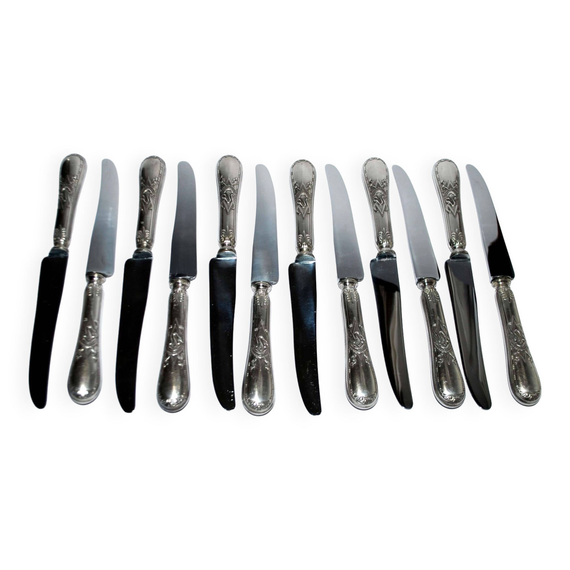 Set of 12 Napoleon Empire table knives - 19th century diamond swan decoration.