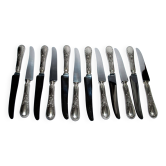 Lot de 12 Couteaux de table ancien Empire Napoléon - décor de cygnes losange 19e s.