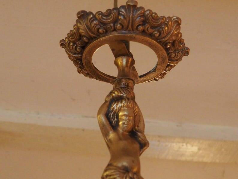 Vintage Italian bronze brass three-branch female figurine chandelier c. 1950s