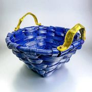 Brutalist large basket by David Marshall, cobalt blue rattan & bronze handle, 1980s