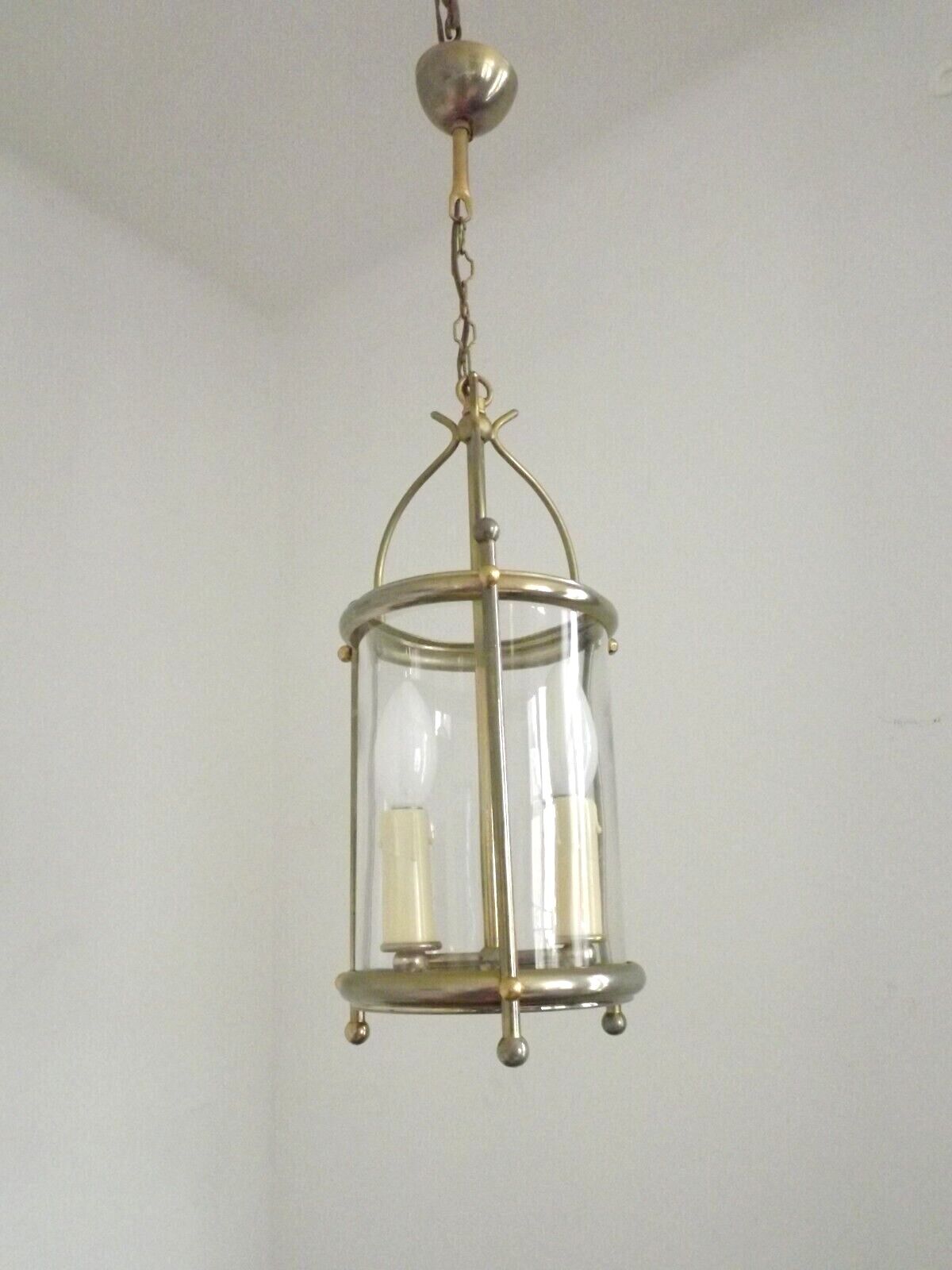French vintage silver finished brass cylindrical glass 2 light hall lantern 3929