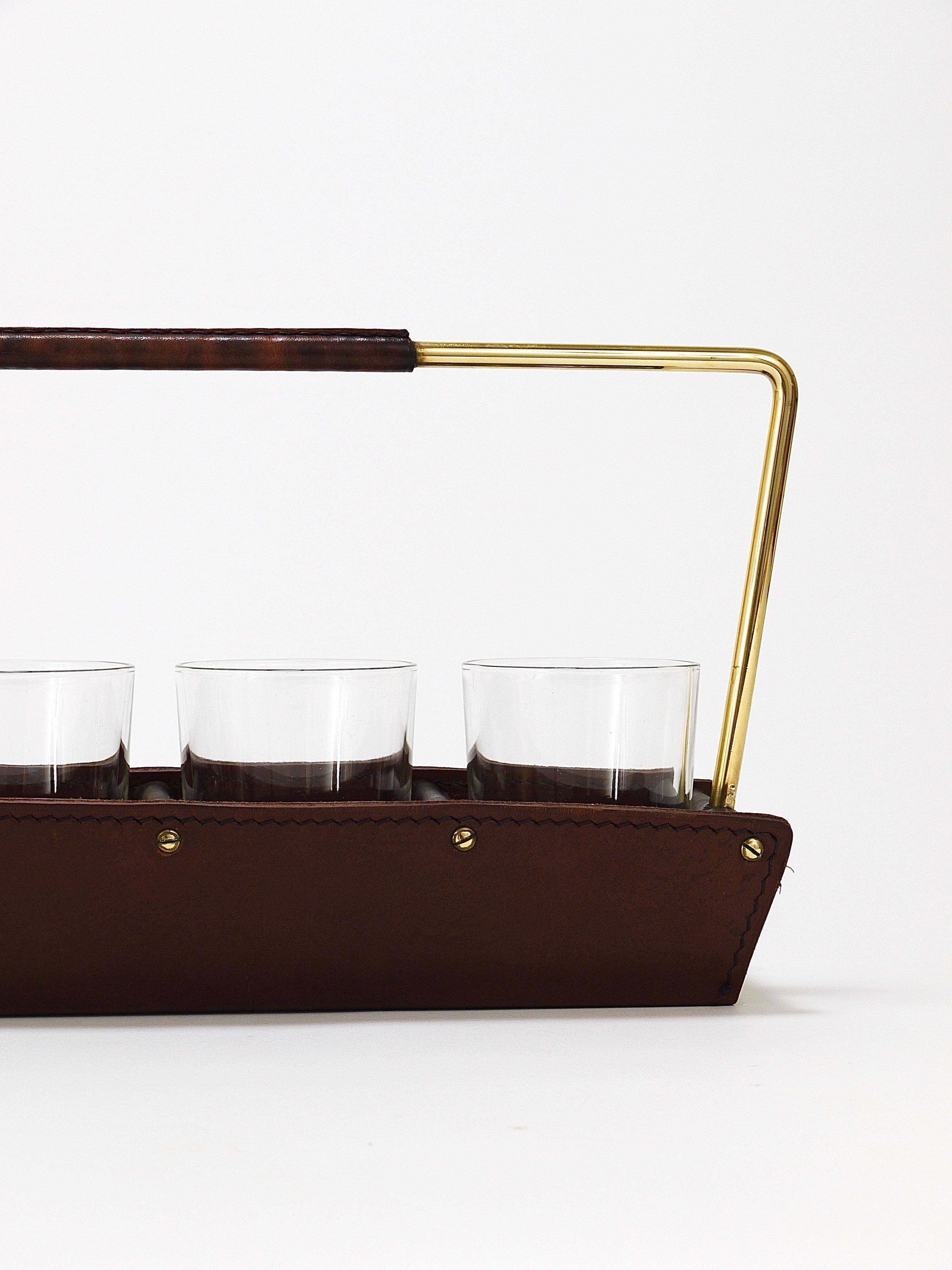 Carl Auböck II drinking glass holder, leather and brass, Austria 1950s