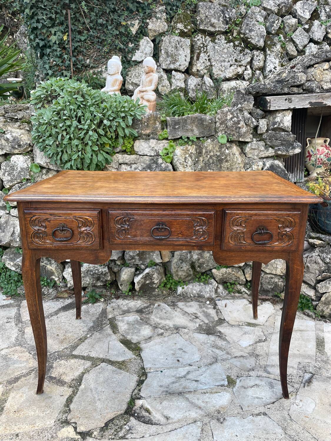 Louis XV style carved solid oak writing table, 19th century