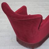 1970s, Danish armchair, cherry-red furniture velour, oak wood legs.