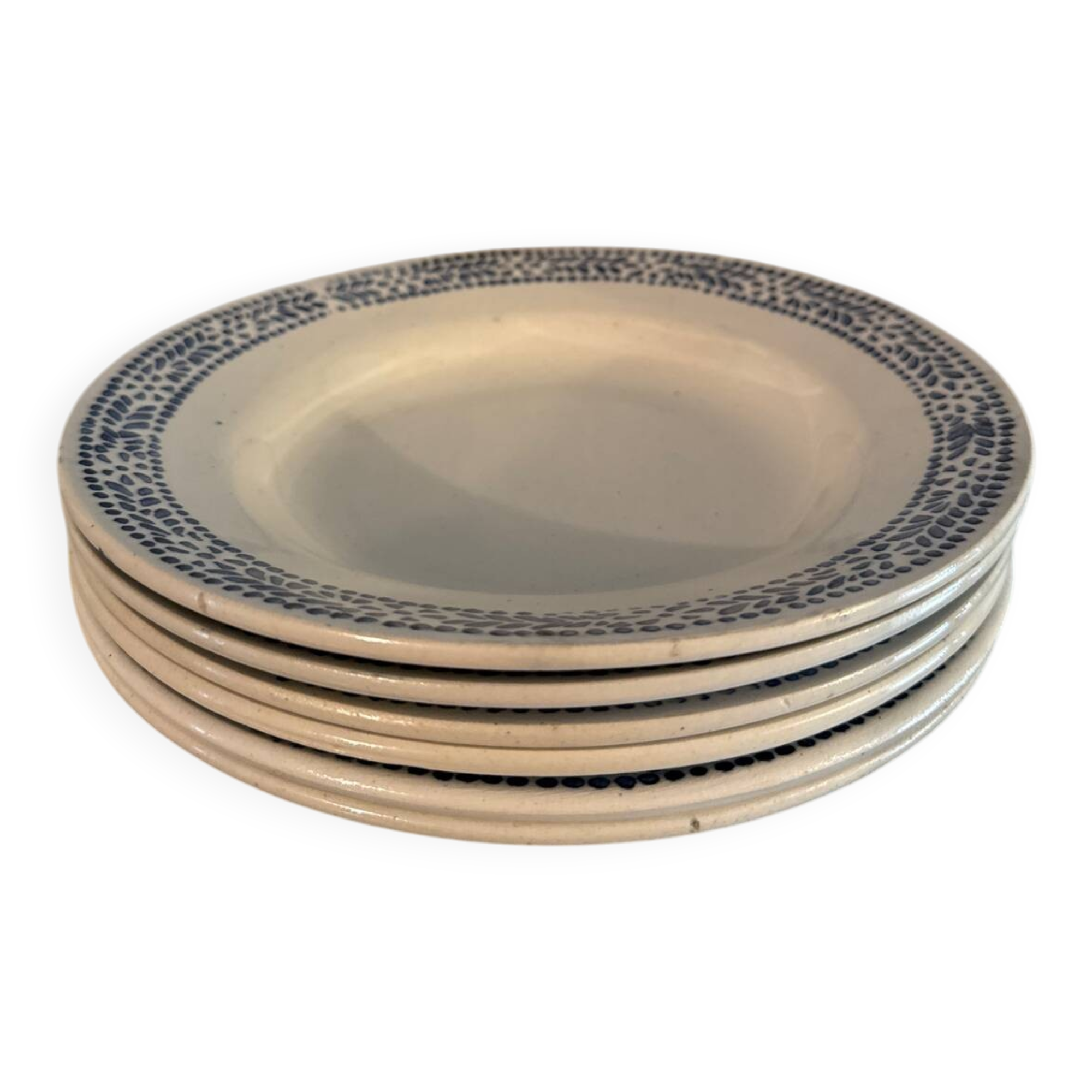 Set of 6 vintage blue and white speckled soup plates