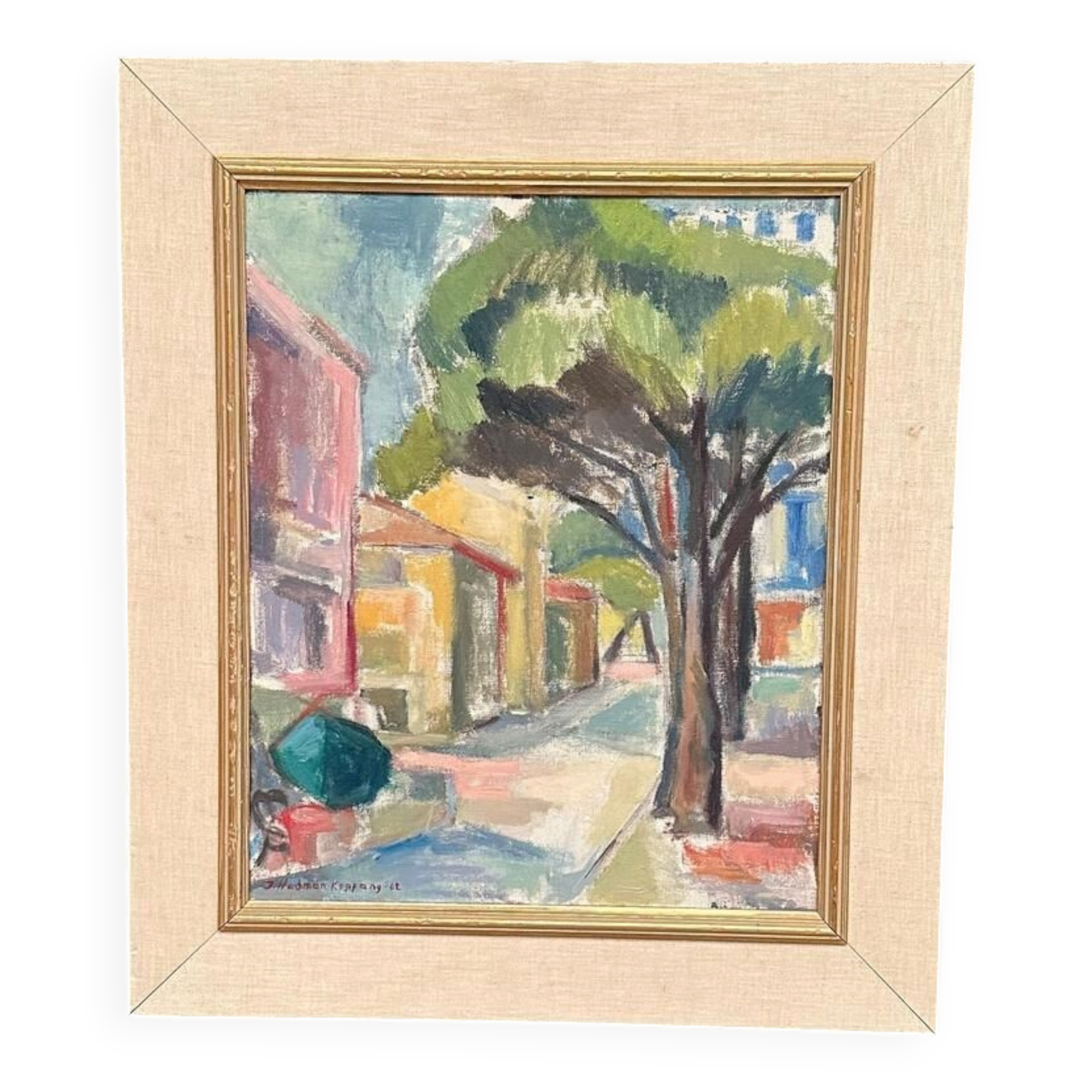 Huile sur toile originale suédoise – « Rue urbaine » par Ingrid Hedman Koppang